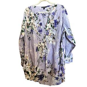 Roaman's Tunic Top Womens 22W Purple Floral Print Cotton Button Up Blouse